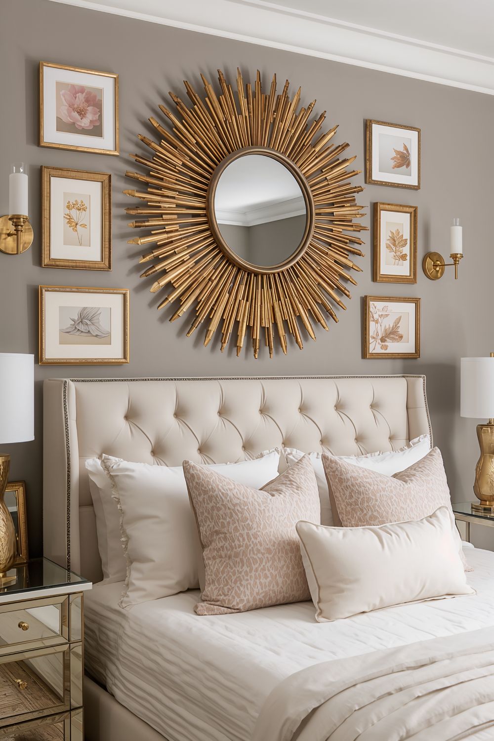 Oversized Gold Mirror And Gallery Wall In Luxury Bedroom