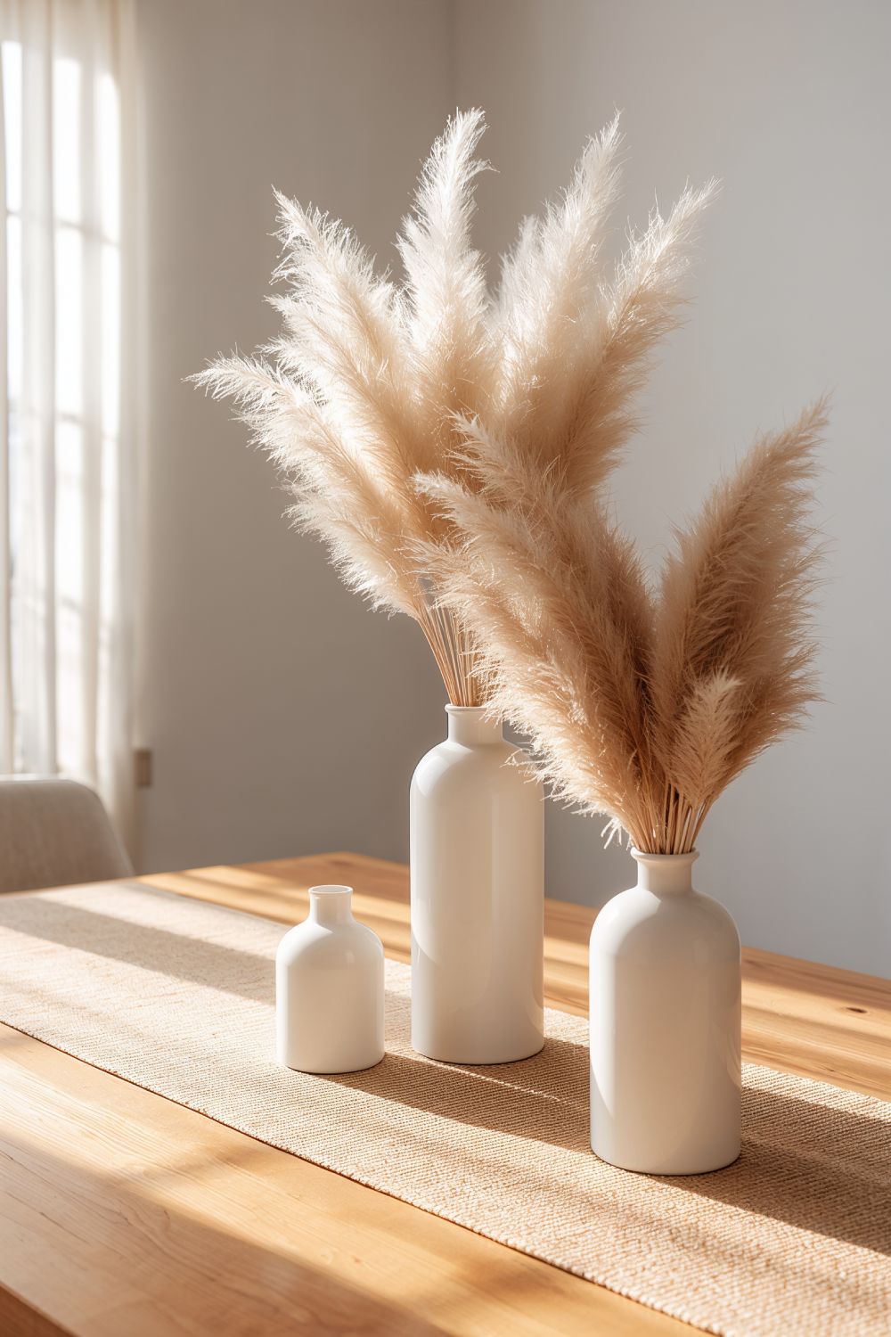 Pampas Grass Boho Centerpiece In White Ceramic Vases