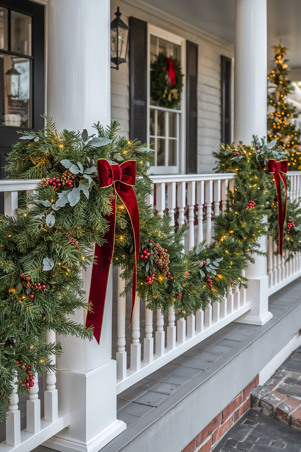 Pre Lit Christmas Garland On Front Porch Railing And Columns