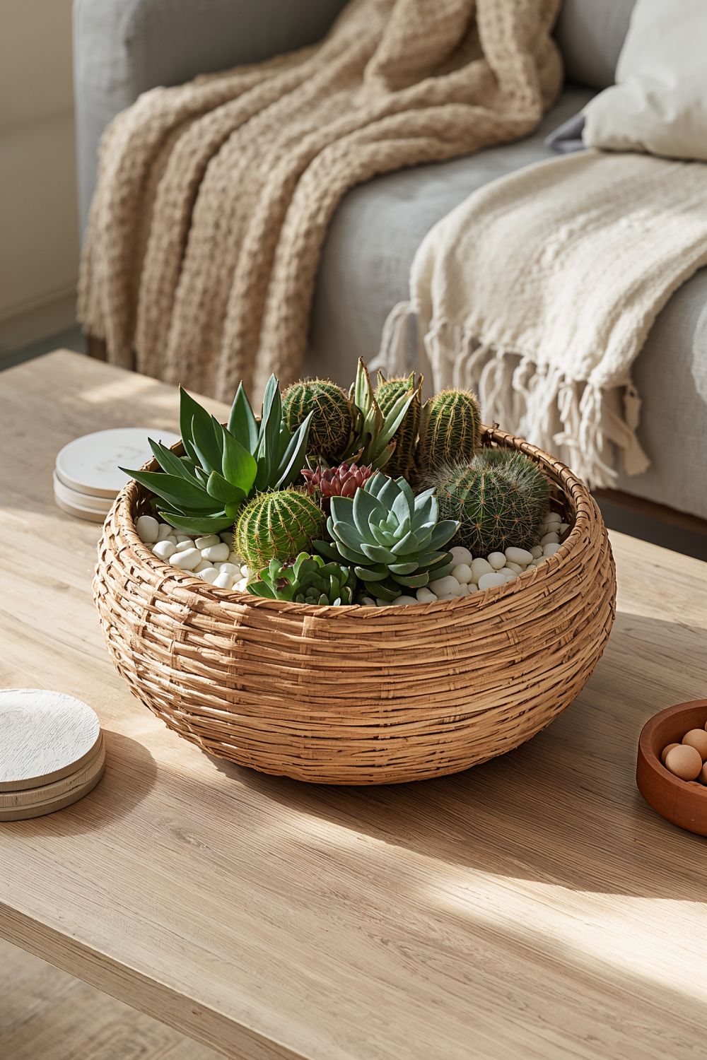 Rattan Basket Boho Centerpiece With Succulent Plants