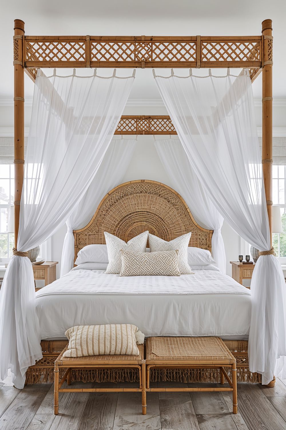 Rattan And Natural Fiber Bed Canopy For Coastal Bedroom