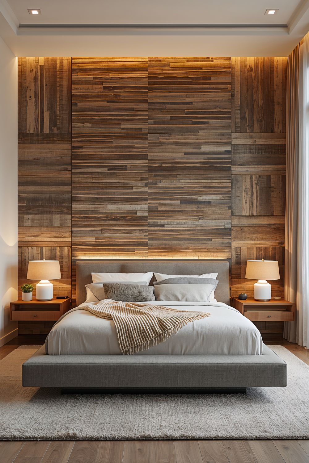 Reclaimed Wood Panel Accent Wall In Modern Luxury Bedroom