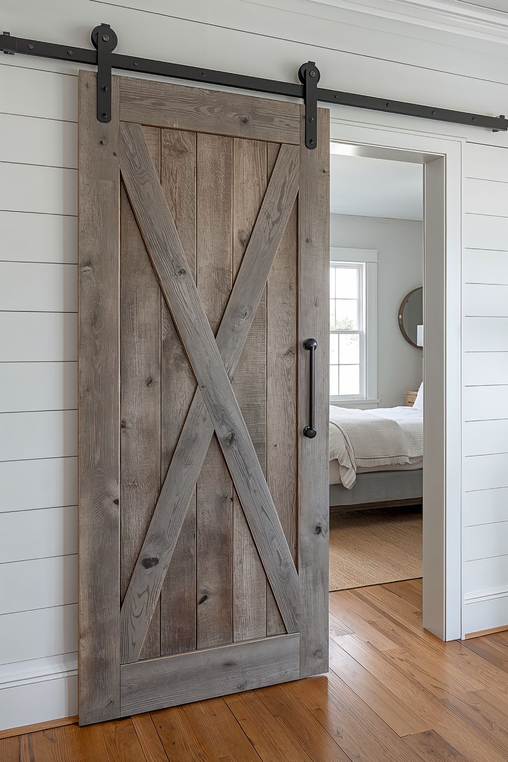 Rustic Reclaimed Wood Barn Door With X Brace In Farmhouse Bedroom