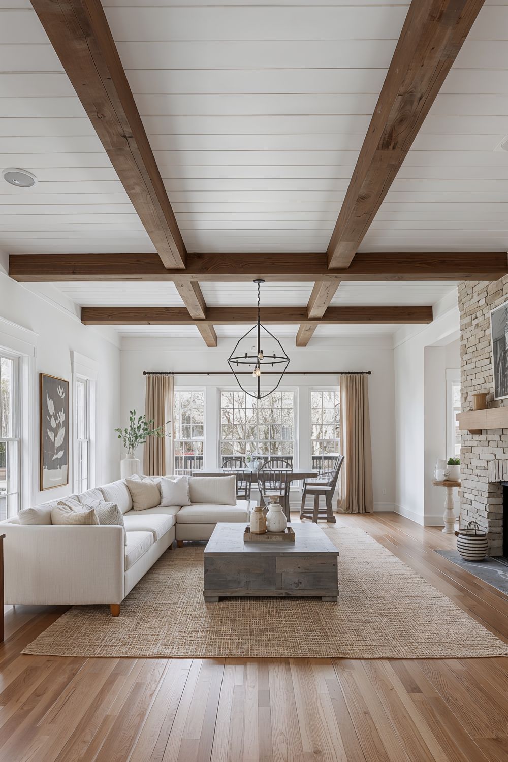 Rustic Hand Hewn Wood Ceiling Beams With White Shiplap