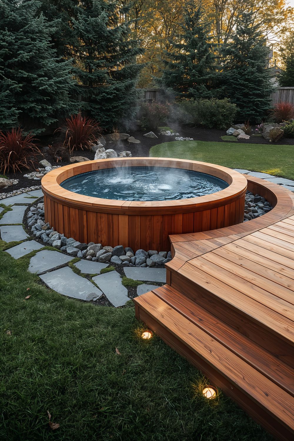 Sunken Cedar Hot Tub With Natural Stone Surround