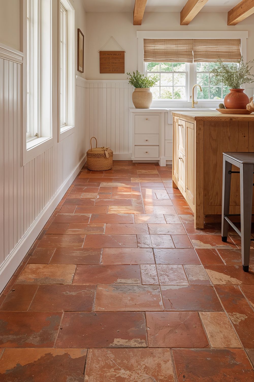 Terracotta Herringbone Tile Floor In Farmhouse Kitchen