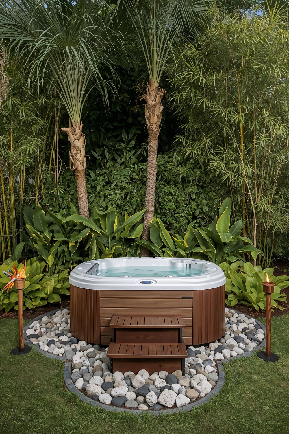 Tropical Outdoor Hot Tub With Palm Trees Bamboo