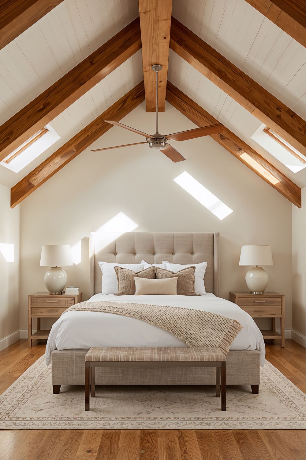 Vaulted Bedroom Ceiling With Natural Honey Oak Wood Beams