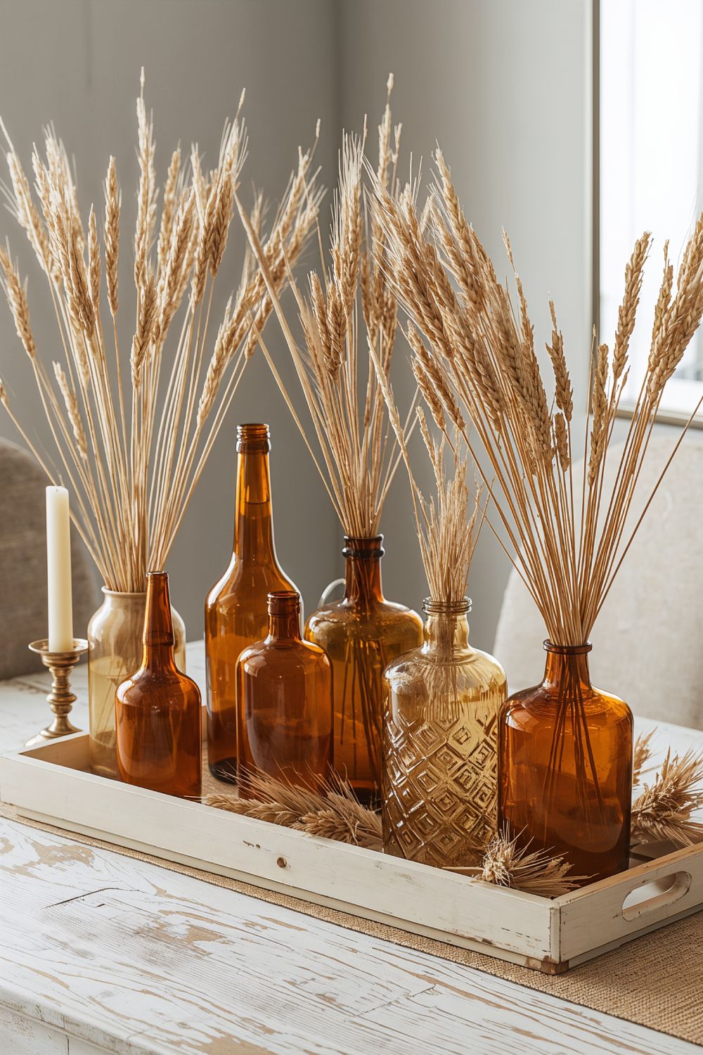 Vintage Boho Centerpiece Amber Glass With Dried Wheat