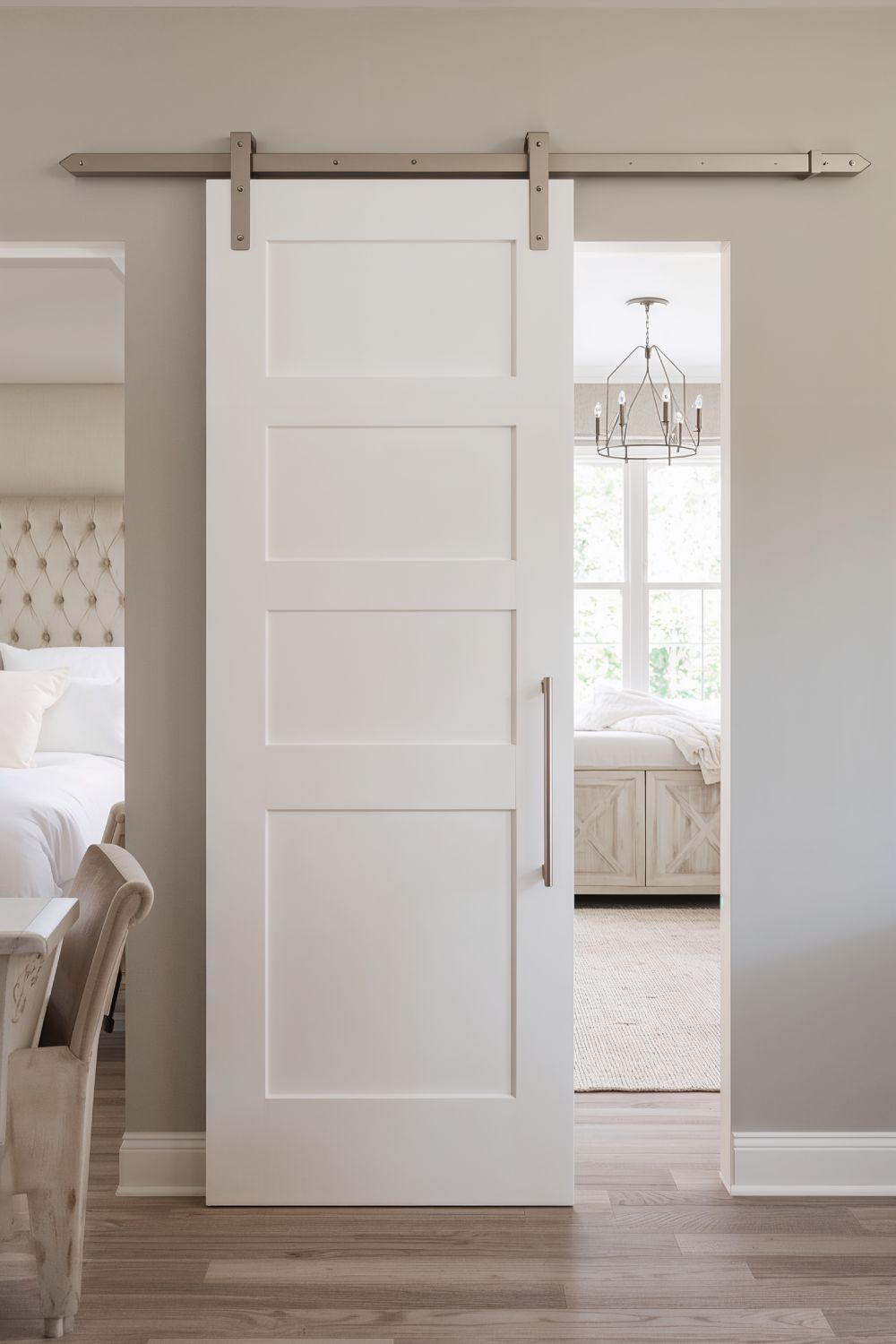 White Painted Shaker Panel Barn Door For Modern Farmhouse Bedroom