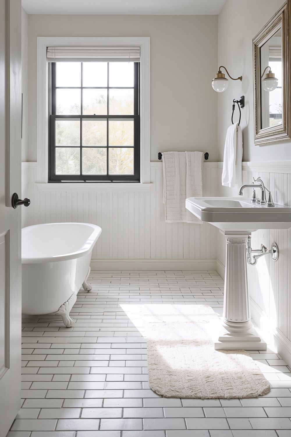 White Subway Tile Bathroom Floor With Dark Grout