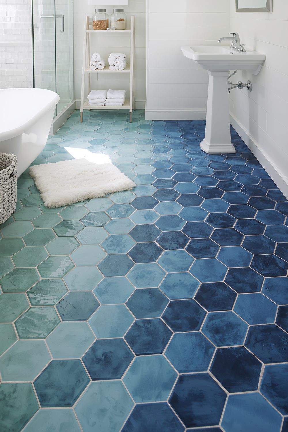 Blue Hexagon Porcelain Floor Tile In Coastal Bathroom Design
