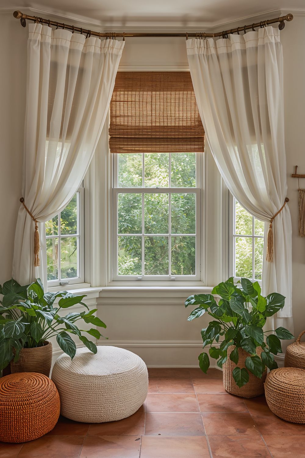 Boho Bay Window With Woven Wood Shades Sheer Curtains