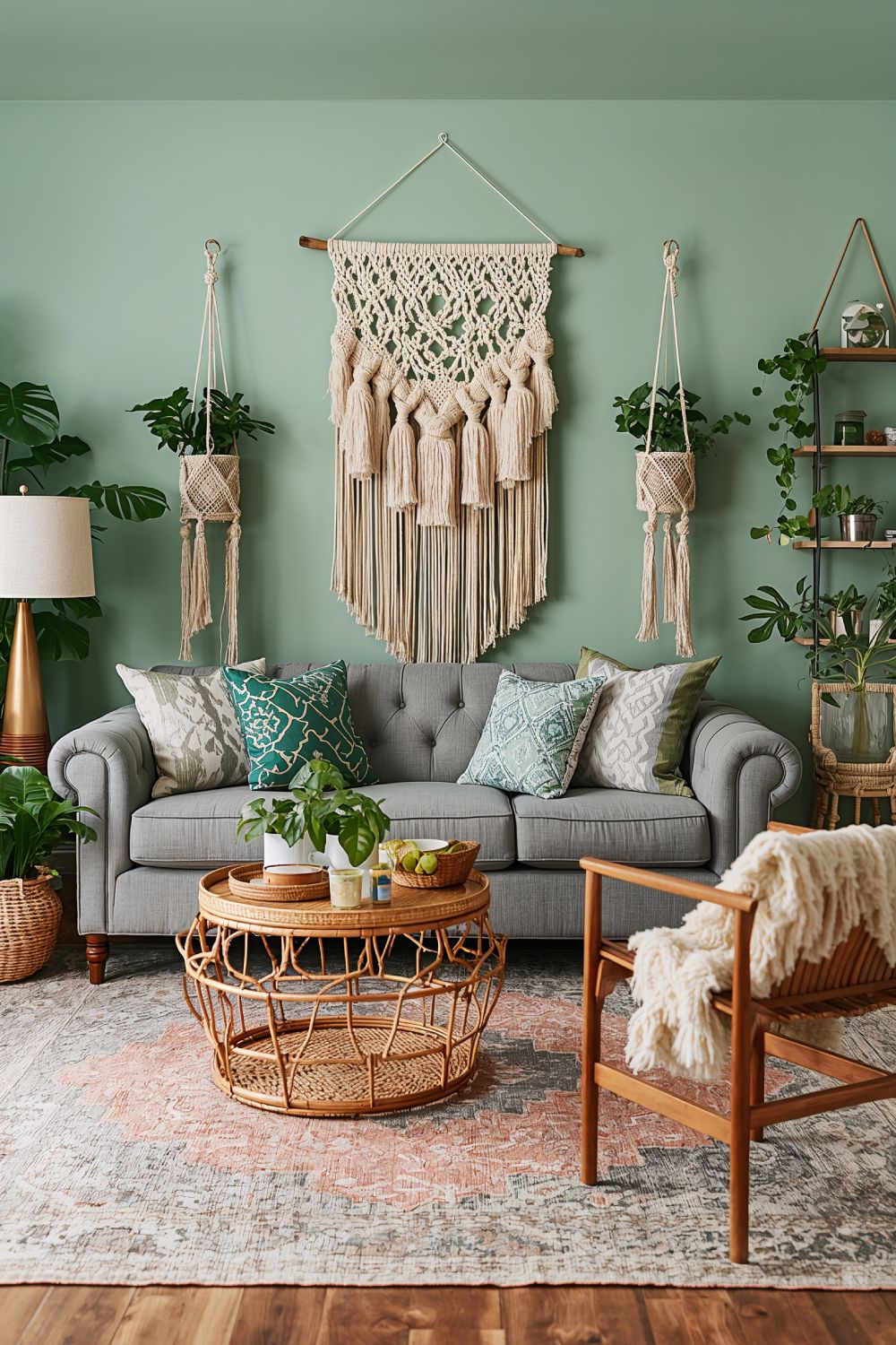 Boho Green And Grey Living Room With Macrame And Plants