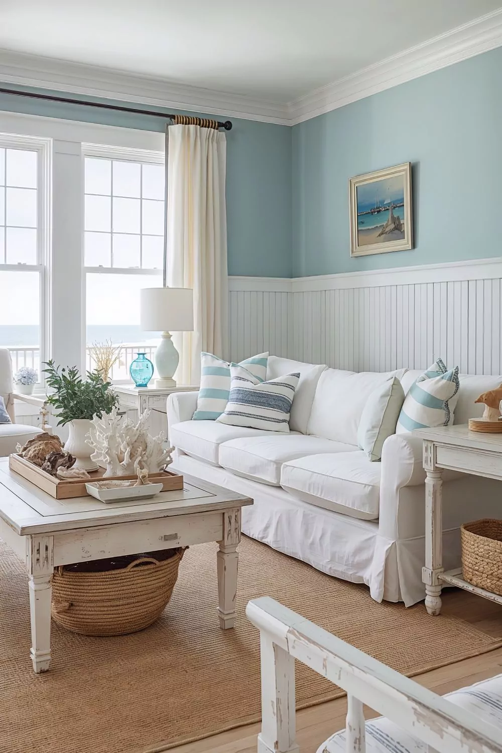 Coastal Beadboard Wainscoting Cottage Living Room