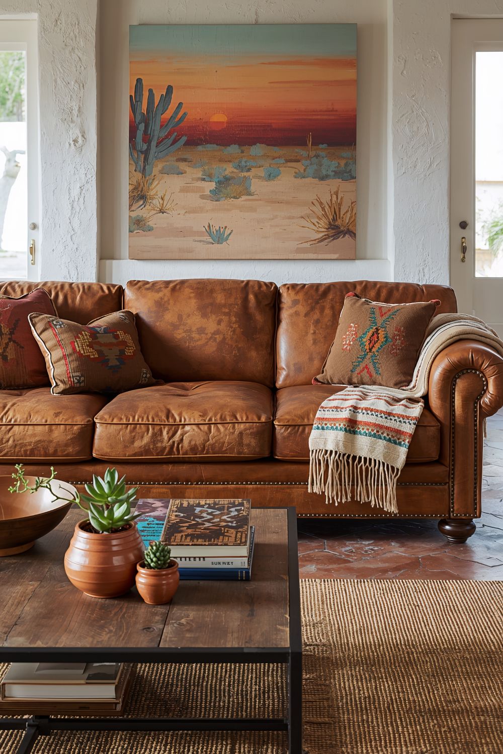 Cognac Leather Sofa With Distressed Finish In Southwestern Living Space