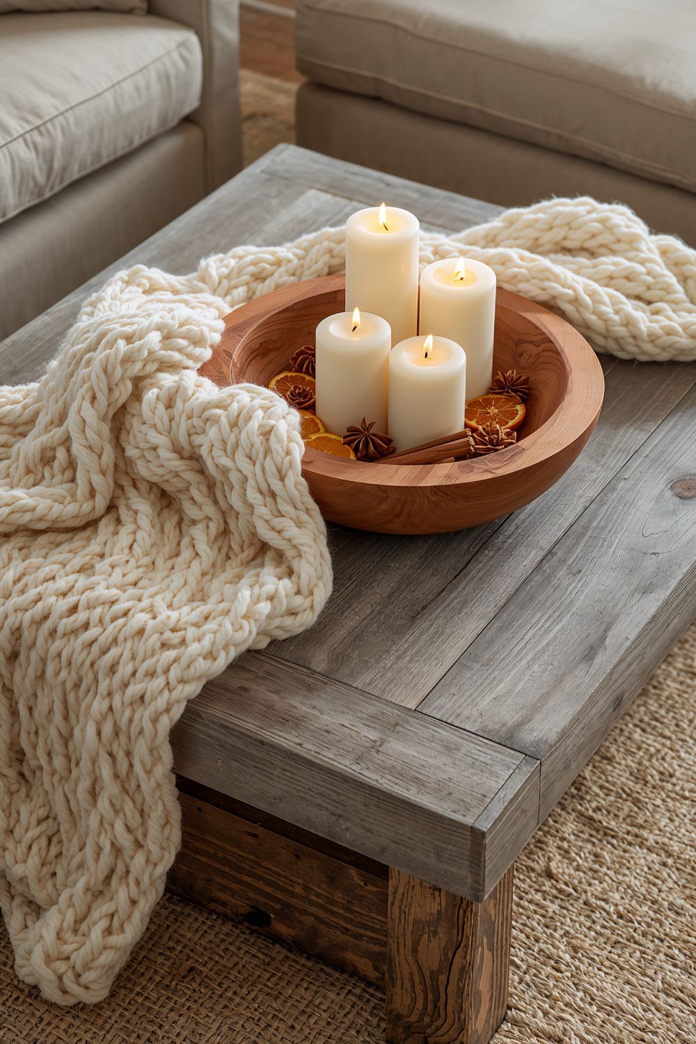 Cozy Knit Throw Wooden Bowl Candles Farmhouse Coffee Table