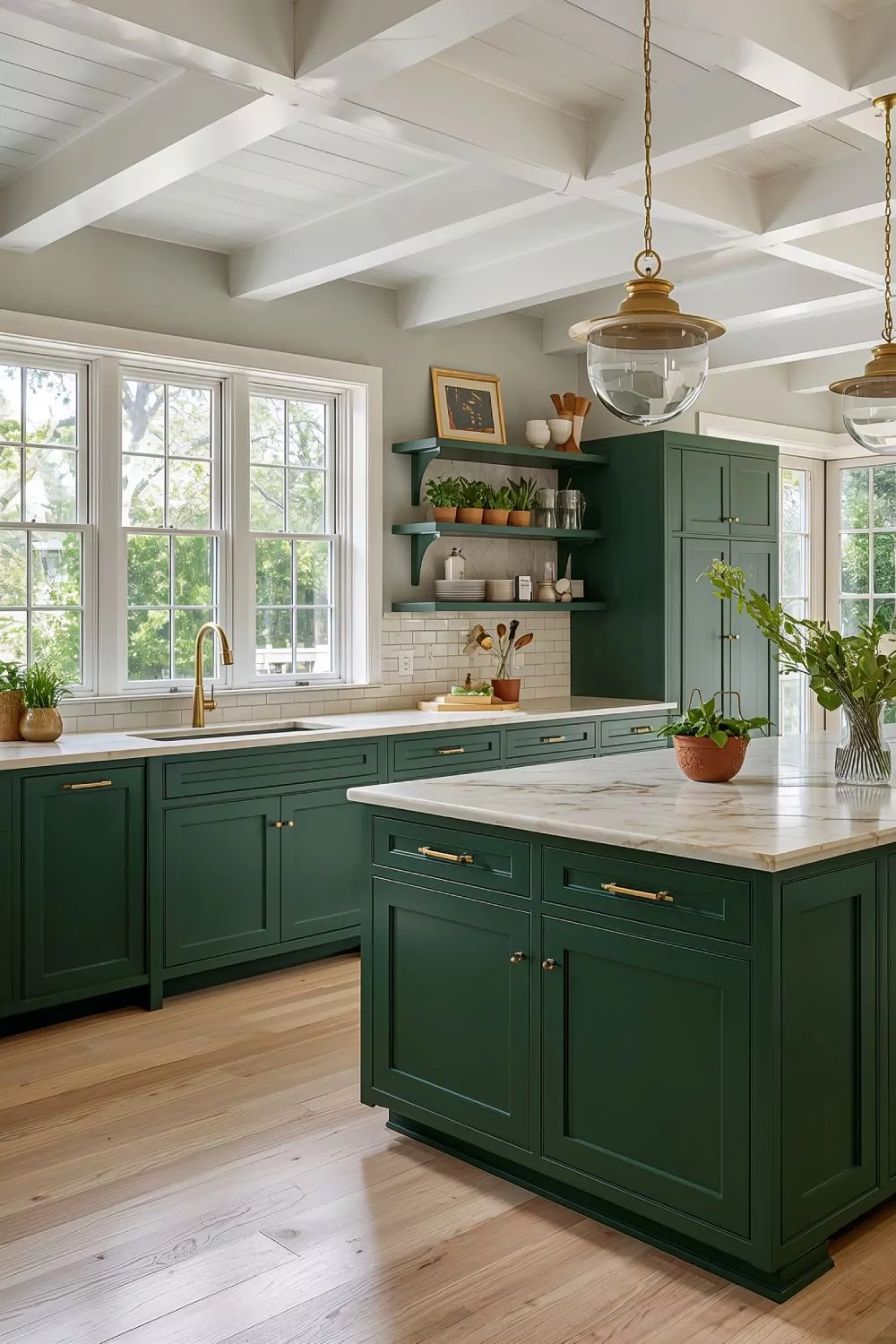 Dark Green Kitchen Cabinets With Taj Mahal Quartzite Luxury Design