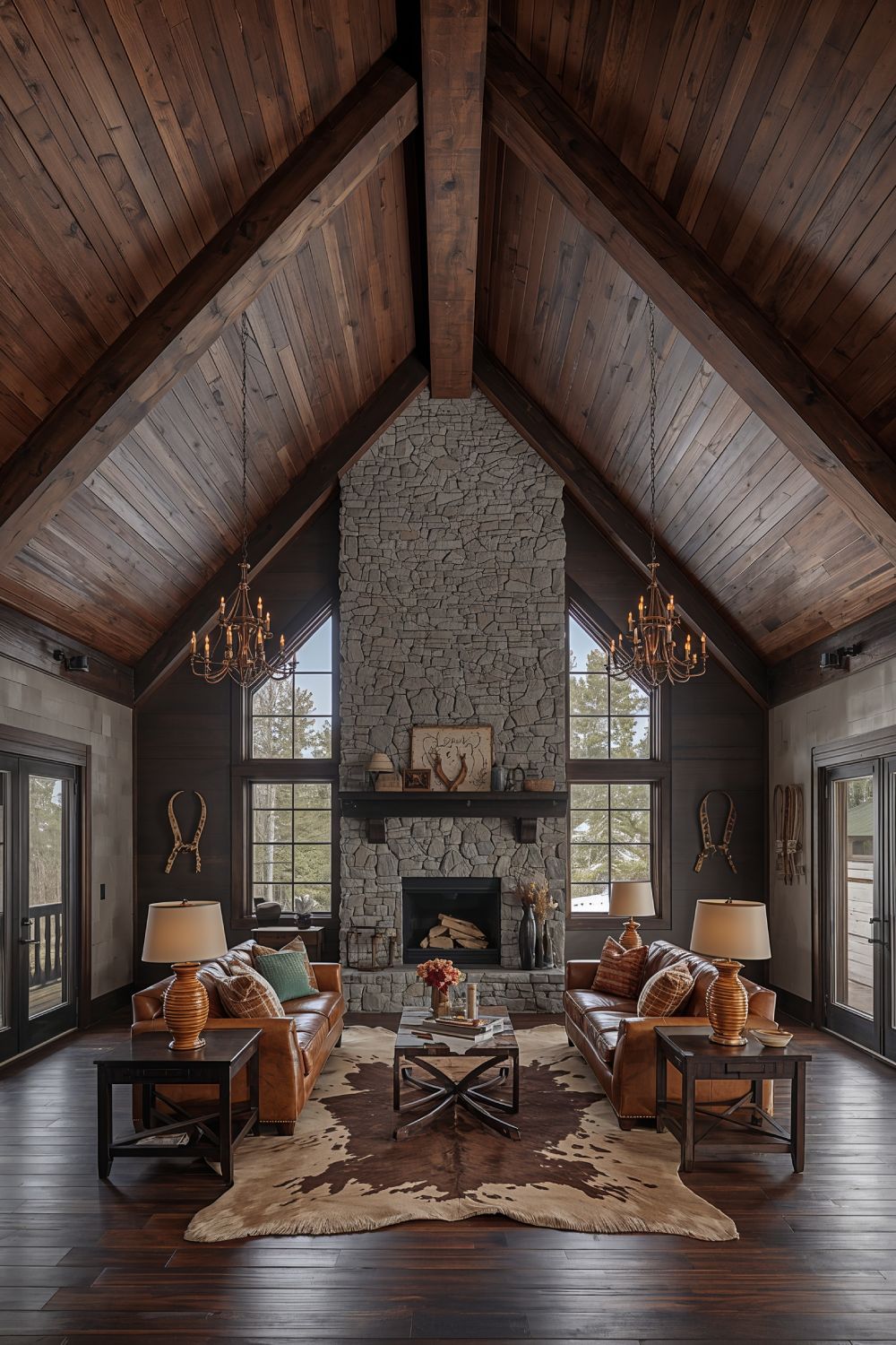 Dark Stained Vaulted Shiplap Ceiling Mountain Cabin Rustic