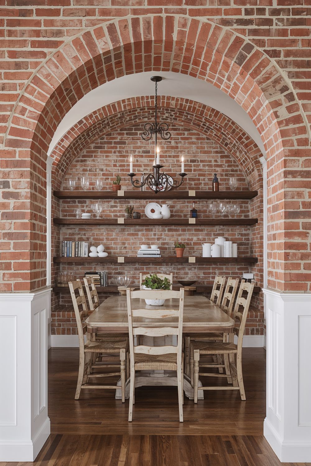 Exposed Brick Archway With Built In Shelving