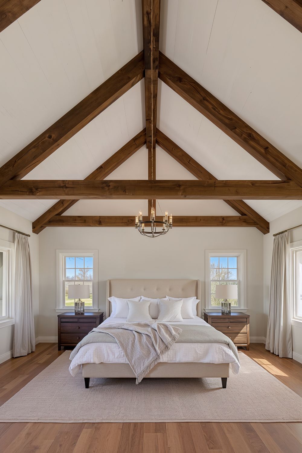 Exposed Wood Ceiling Beams Rustic Country Bedroom