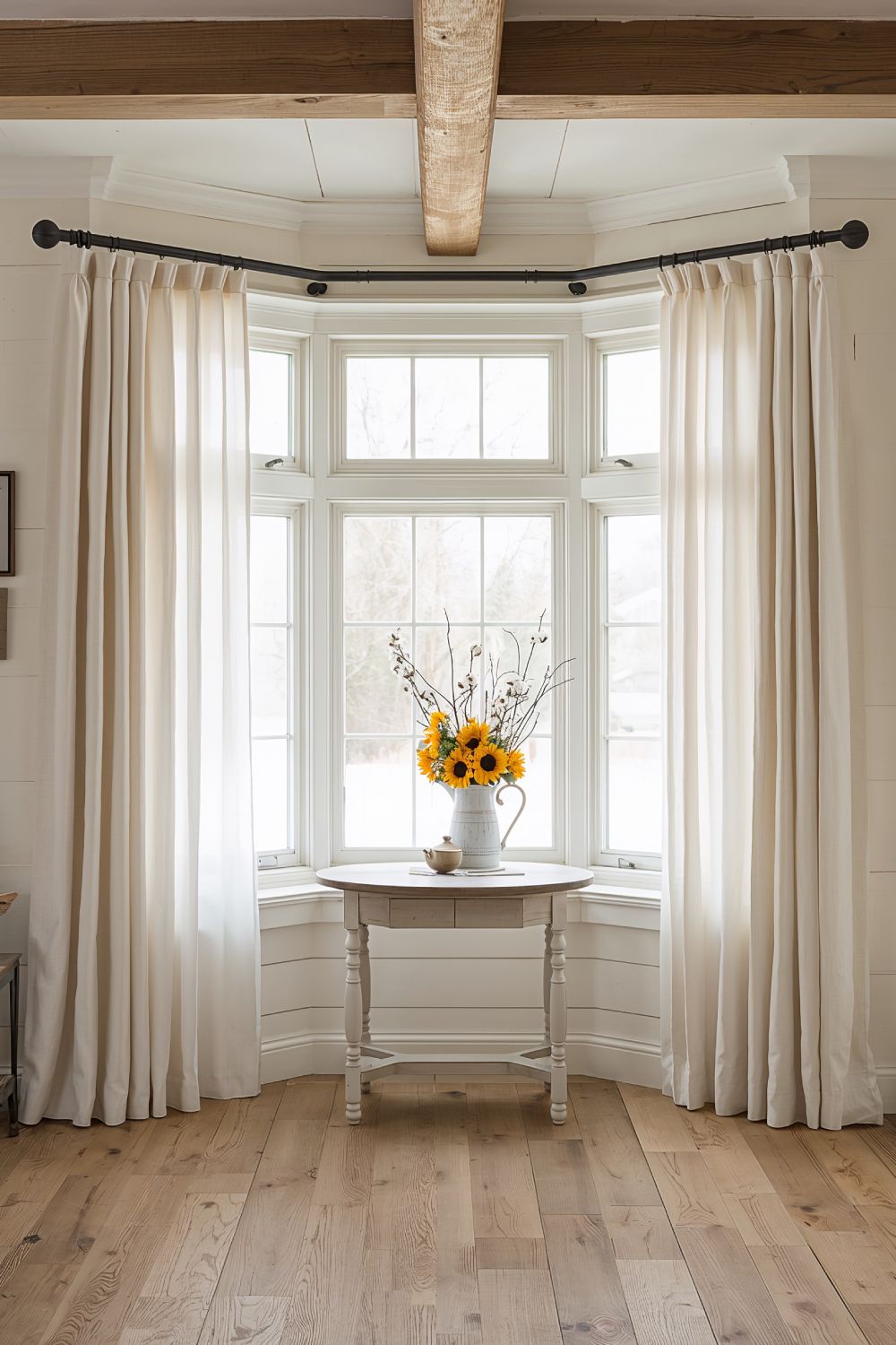 Farmhouse Bay Window With Layered Voile Cotton Curtains