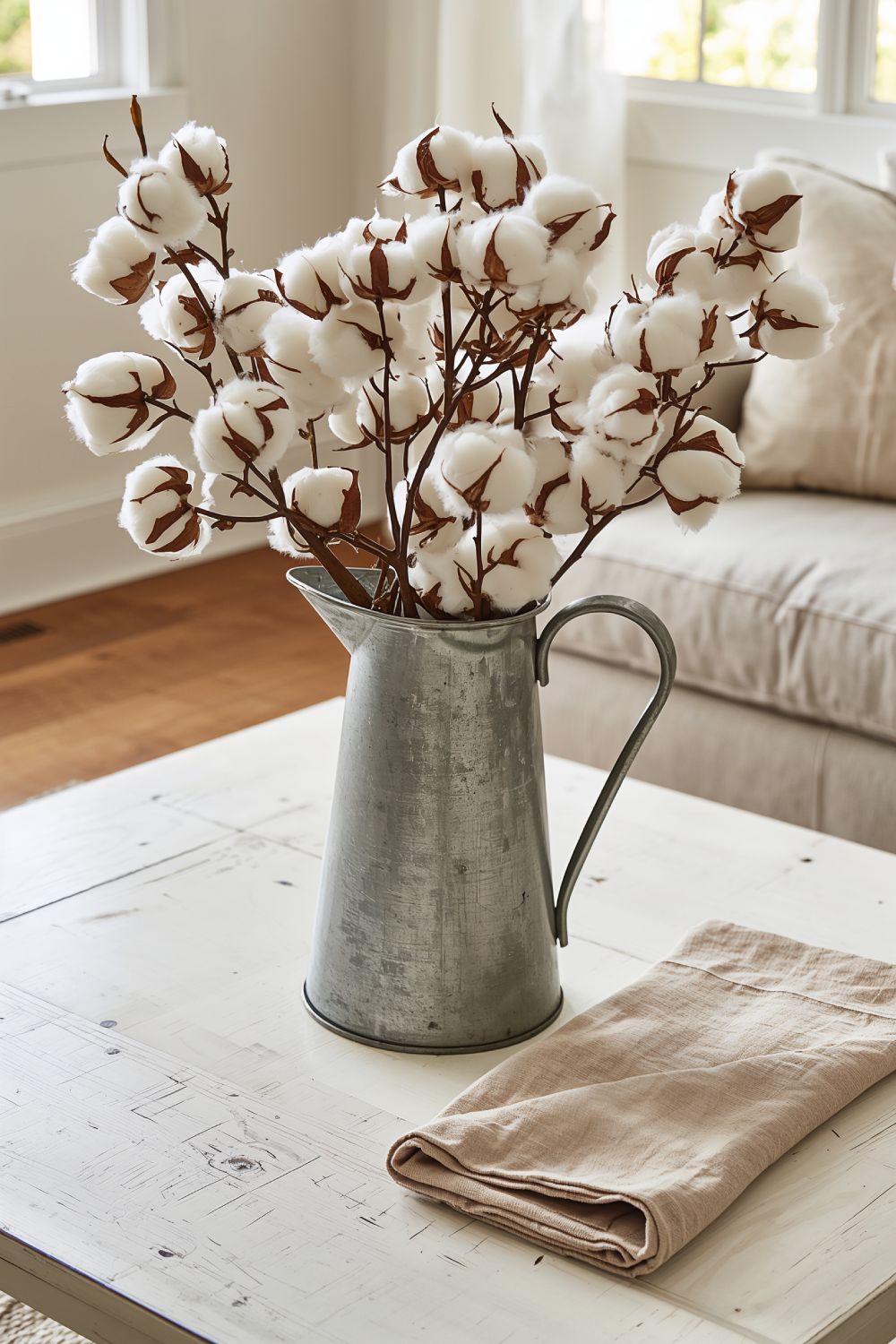 Galvanized Metal Pitcher Cotton Stem Farmhouse Centerpiece