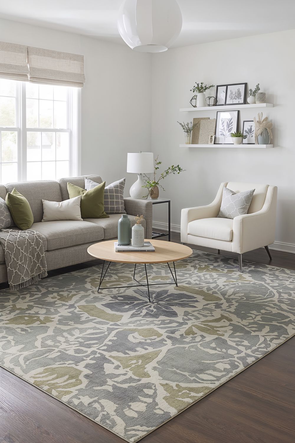 Green And Grey Patterned Rug As Living Room Focal Point