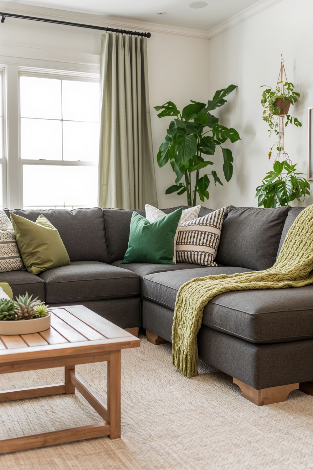 Grey Sofa With Layered Green Throw Pillows And Textiles
