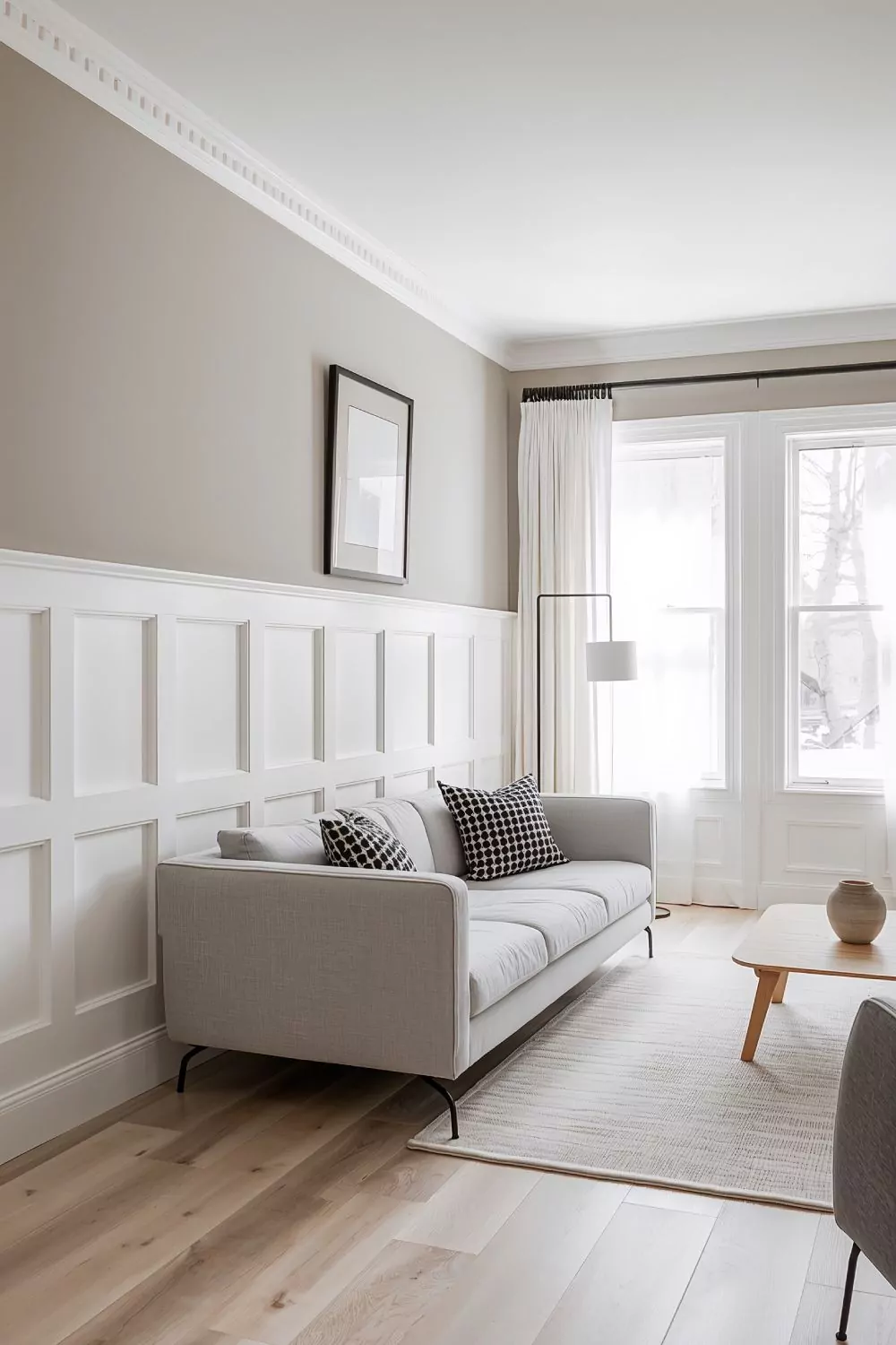 Minimalist Flat Panel Shaker Wainscoting Living Room