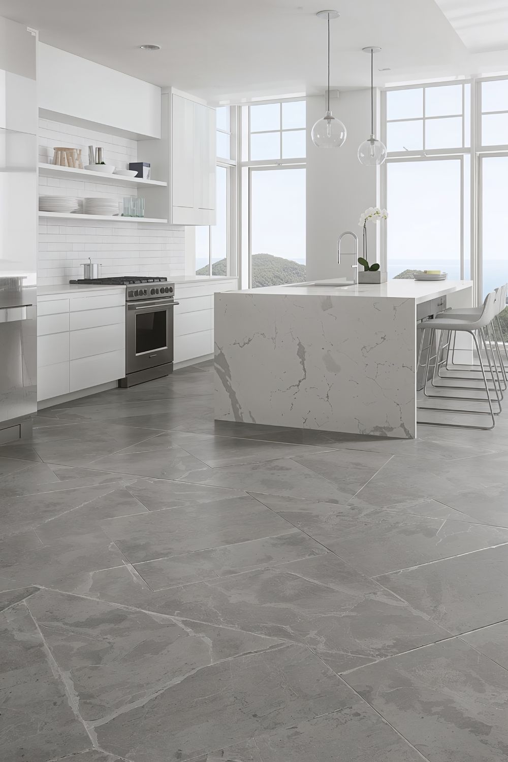 Modern Concrete Look Porcelain Tile Flooring For Contemporary Coastal Kitchens