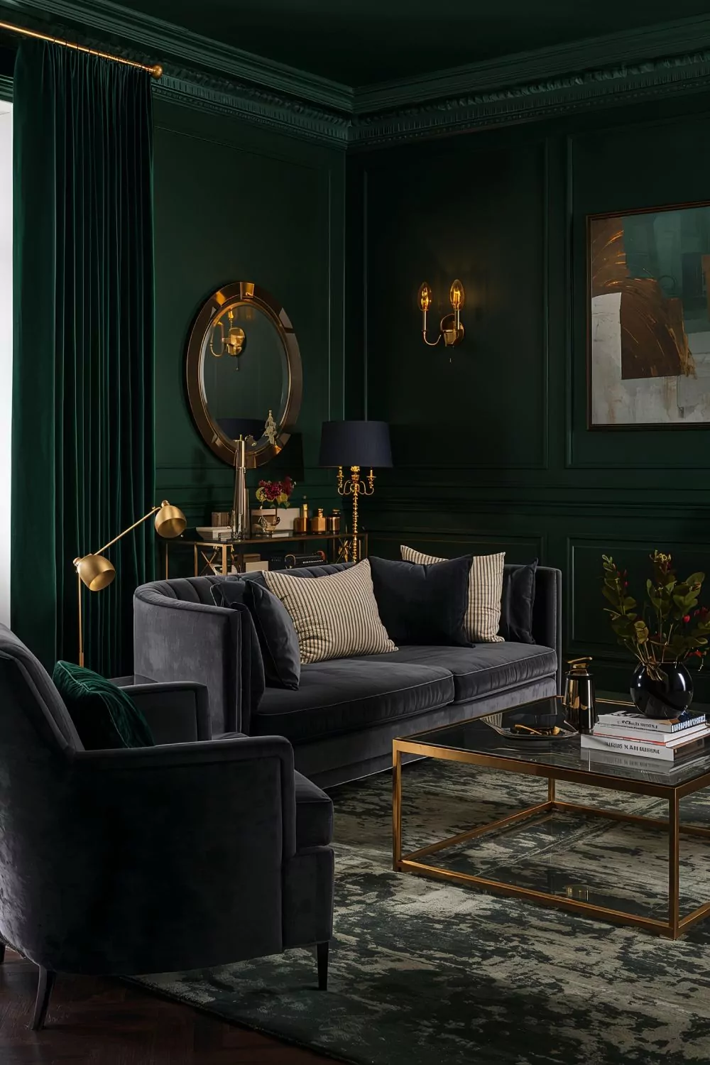 Moody Dark Green And Charcoal Grey Luxury Living Room