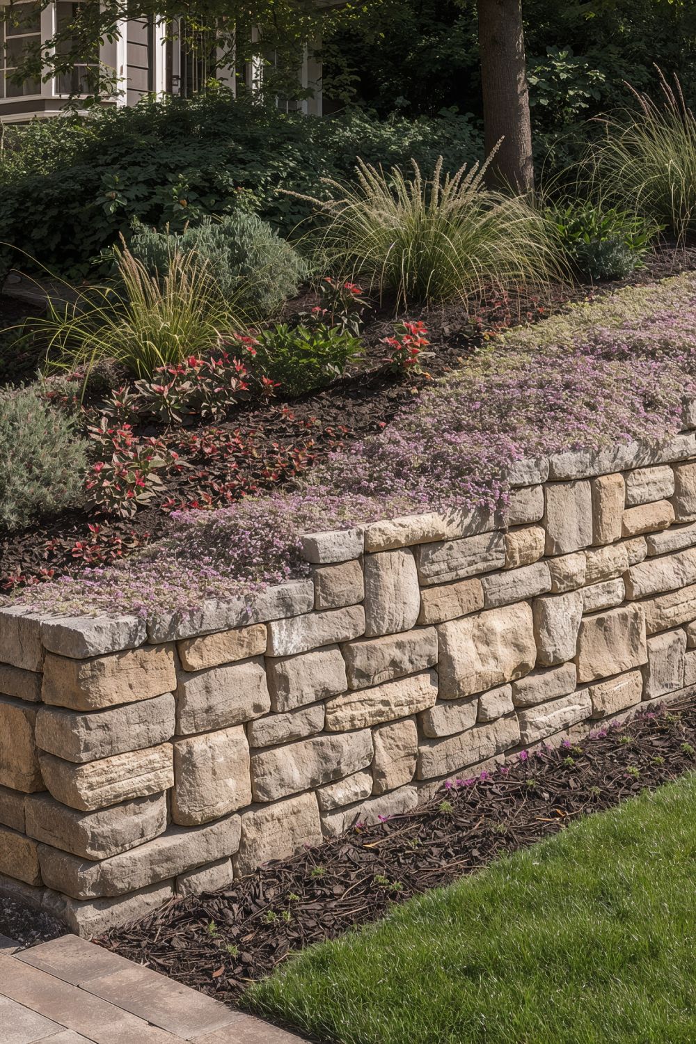 NATURAL STONE RETAINING WALL With Cascading Groundcover For Sloped Yards