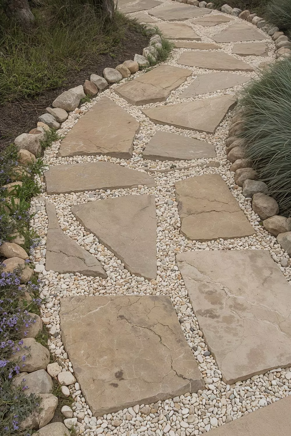 Natural Stone Paver Path With Beach Pebble Borders