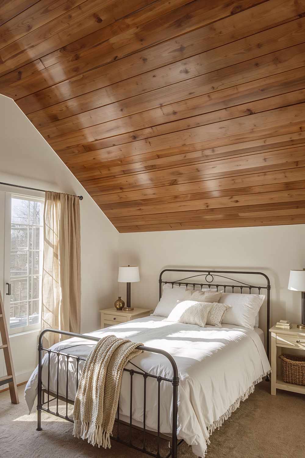 Natural Wood Shiplap Ceiling Rustic Bedroom Warm Brown Stain
