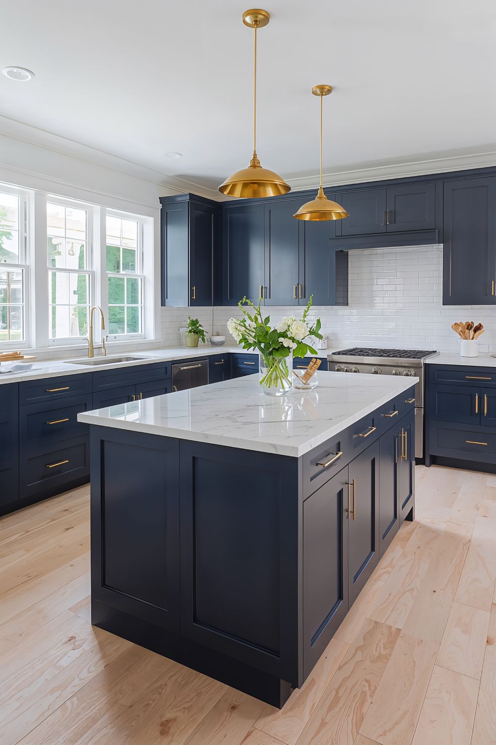 Navy Blue Cabinets With Taj Mahal Quartzite For Coastal Kitchen Style