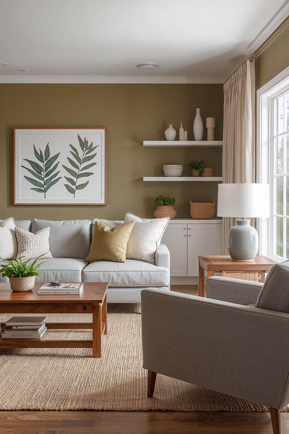 Olive Green Walls With Grey Neutral Furniture Design