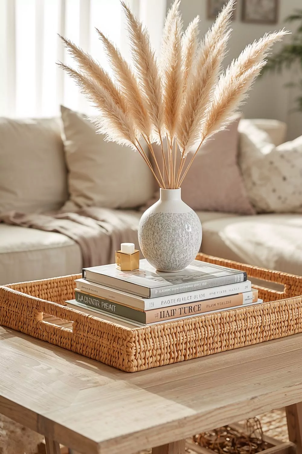Rattan Basket Tray Coffee Table Books Boho Farmhouse Decor
