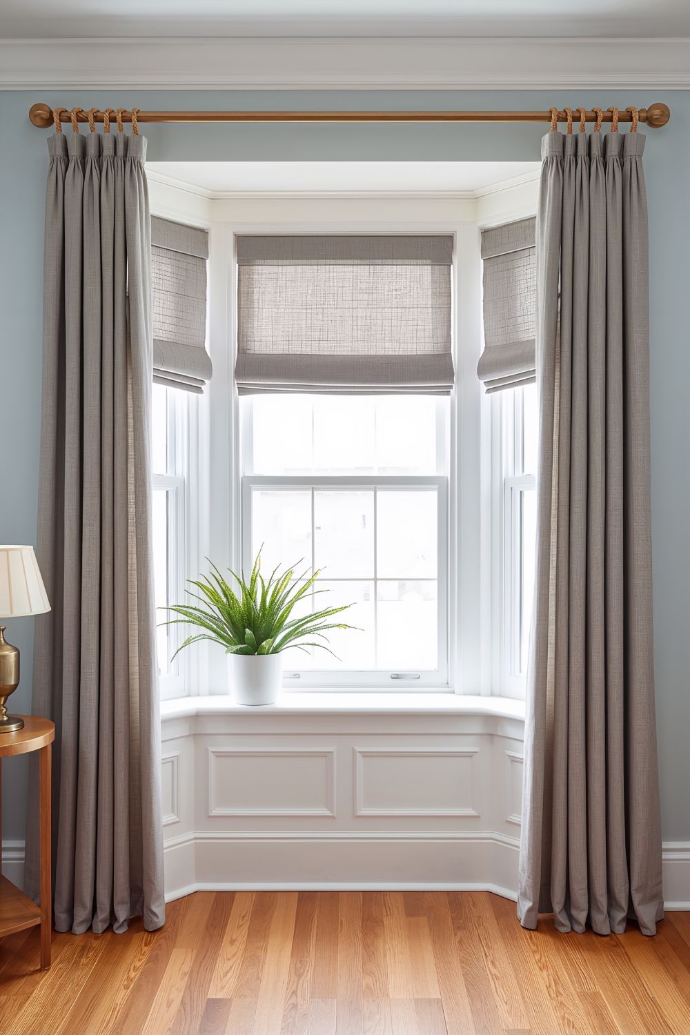 Roman Shades With Side Panels On Compact Bay Window