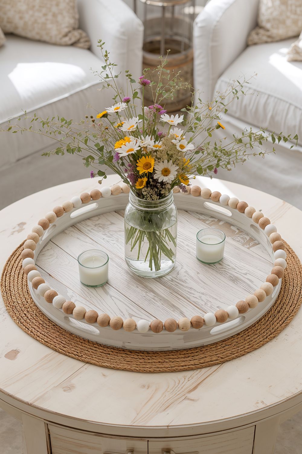 Round Beaded Tray Mason Jar Centerpiece Farmhouse Style