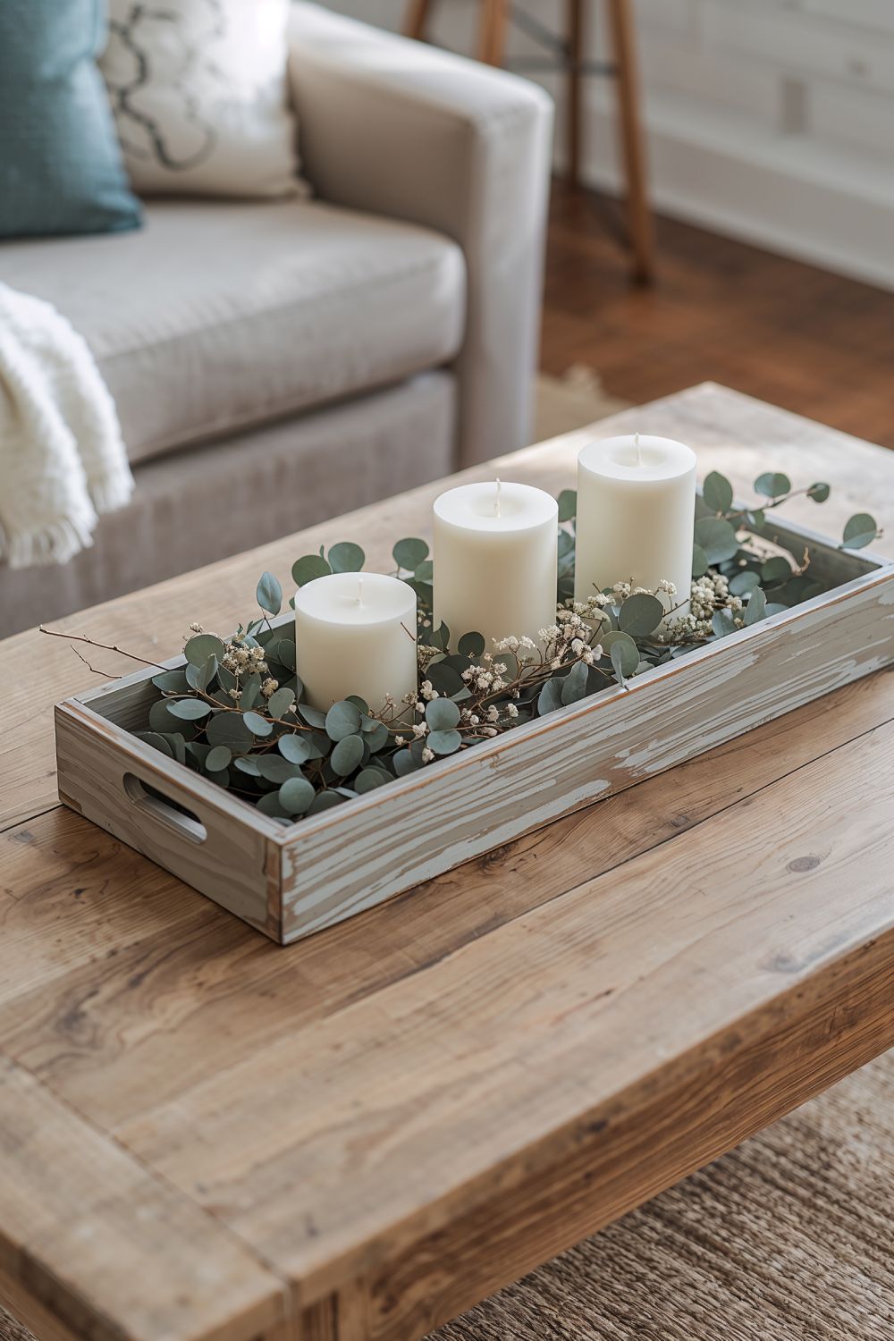 Rustic Wooden Tray Coffee Table Centerpiece With Candles