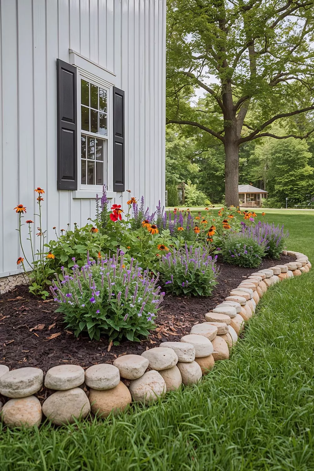 STONE EDGED FLOWER BEDS With Native Perennials For Farmhouse Charm