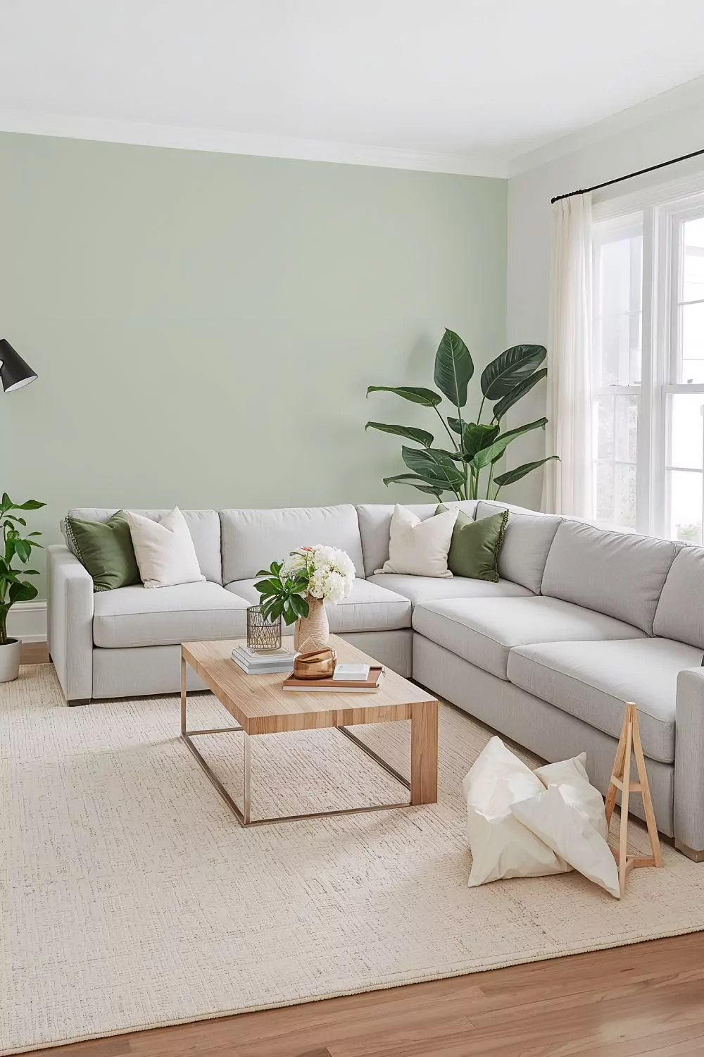 Sage Green Accent Wall With Light Grey Sectional Living Room