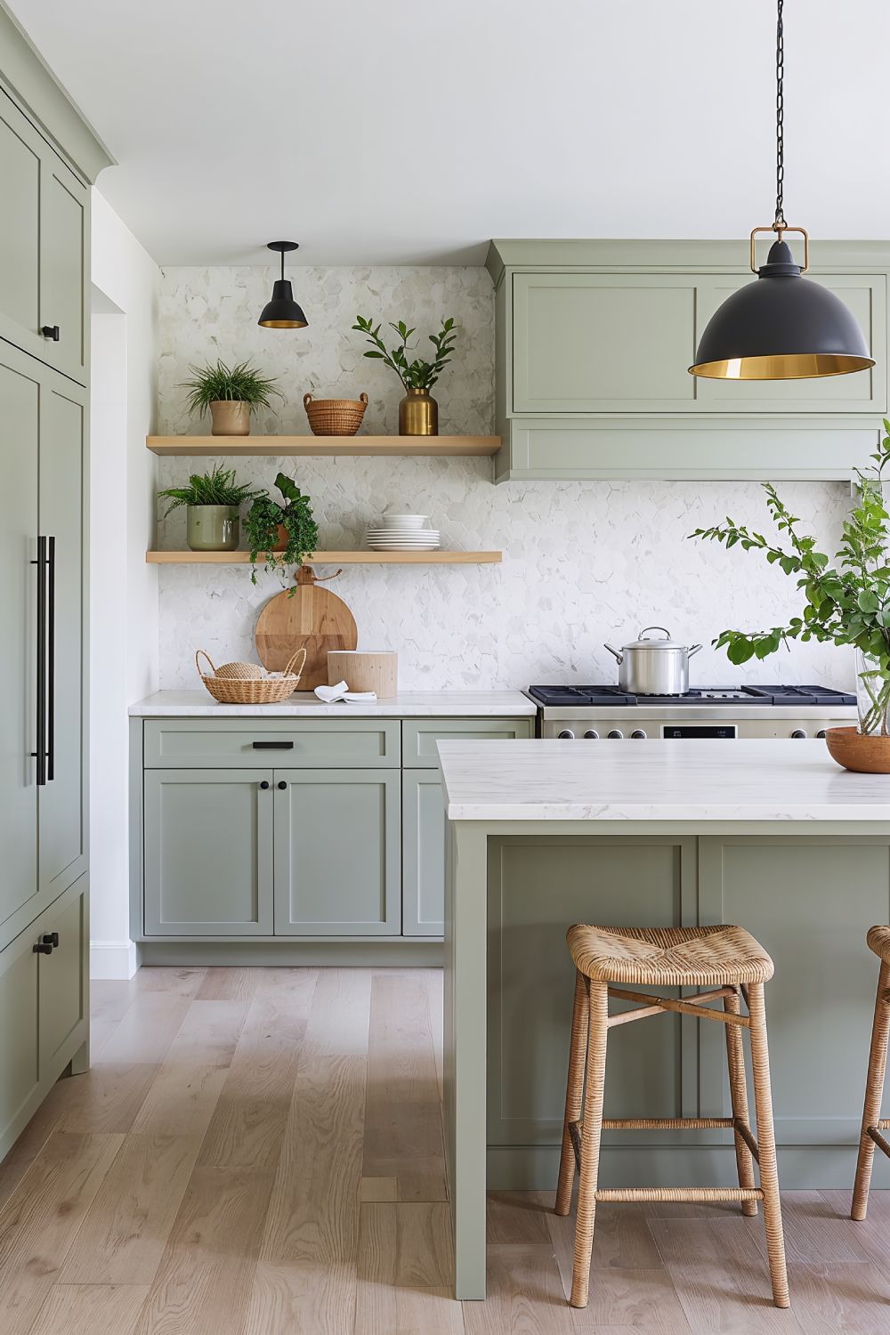 Sage Green Kitchen Cabinets With Taj Mahal Quartzite Calming Design