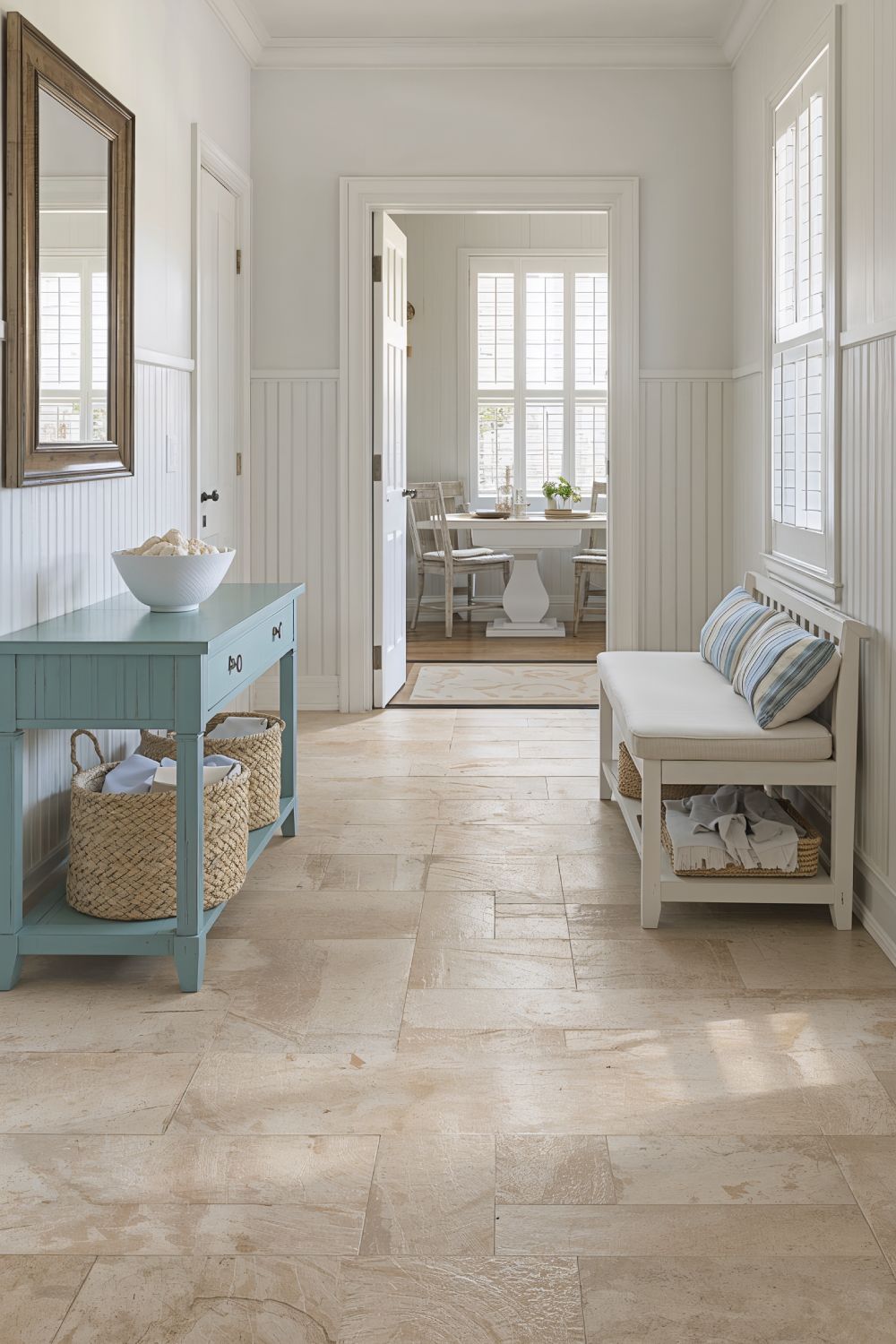 Sandy Beige Travertine Look Ceramic Tile Flooring For Beach House Entryways