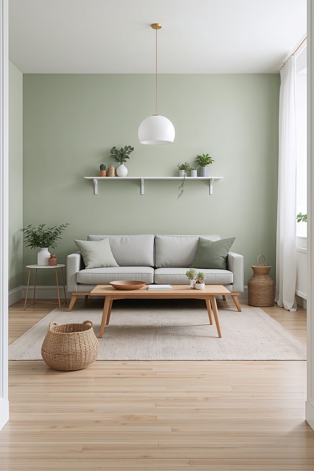 Scandinavian Green And Grey Living Room With Natural Wood