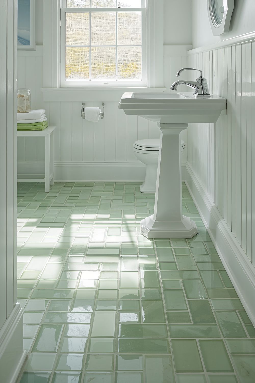 Seafoam Green Glass Subway Tile Flooring For Coastal Powder Rooms