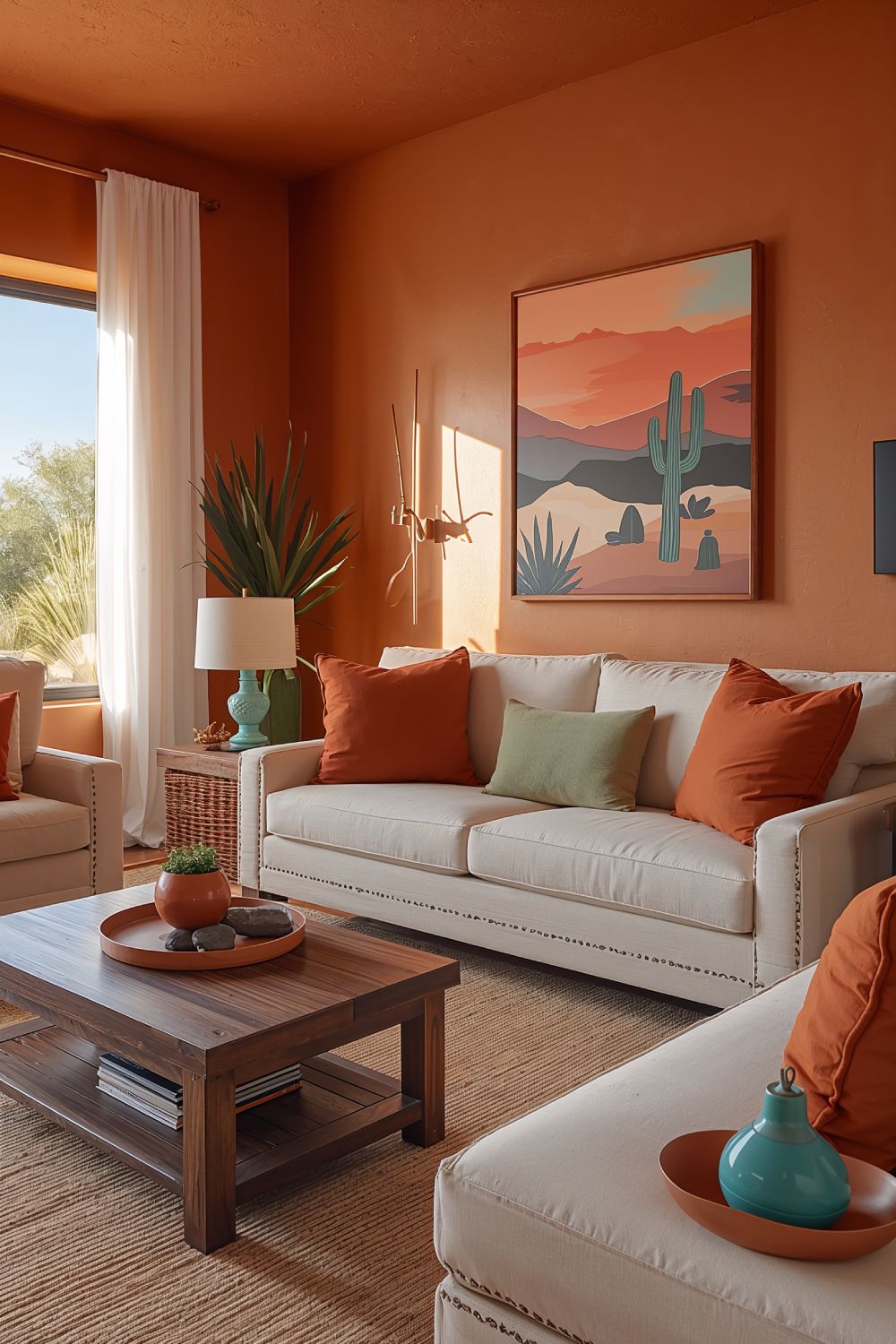Southwestern Living Room With Terracotta Walls And Desert Sunset Colors