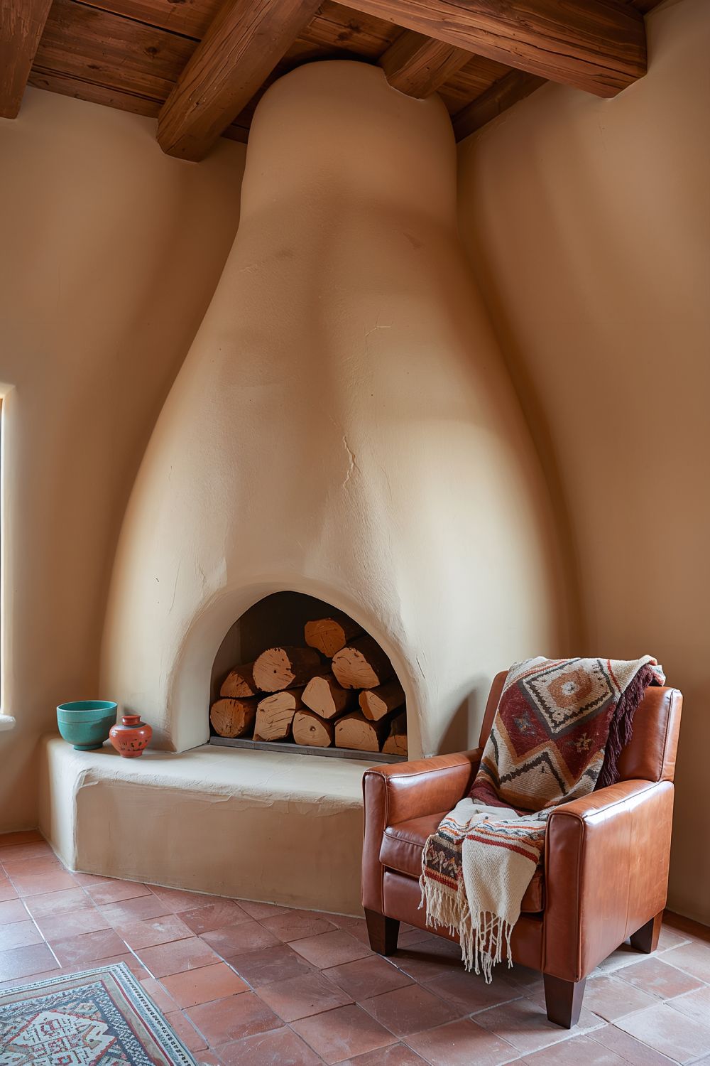 Traditional Kiva Fireplace With Smooth Adobe Plaster In Southwest Home