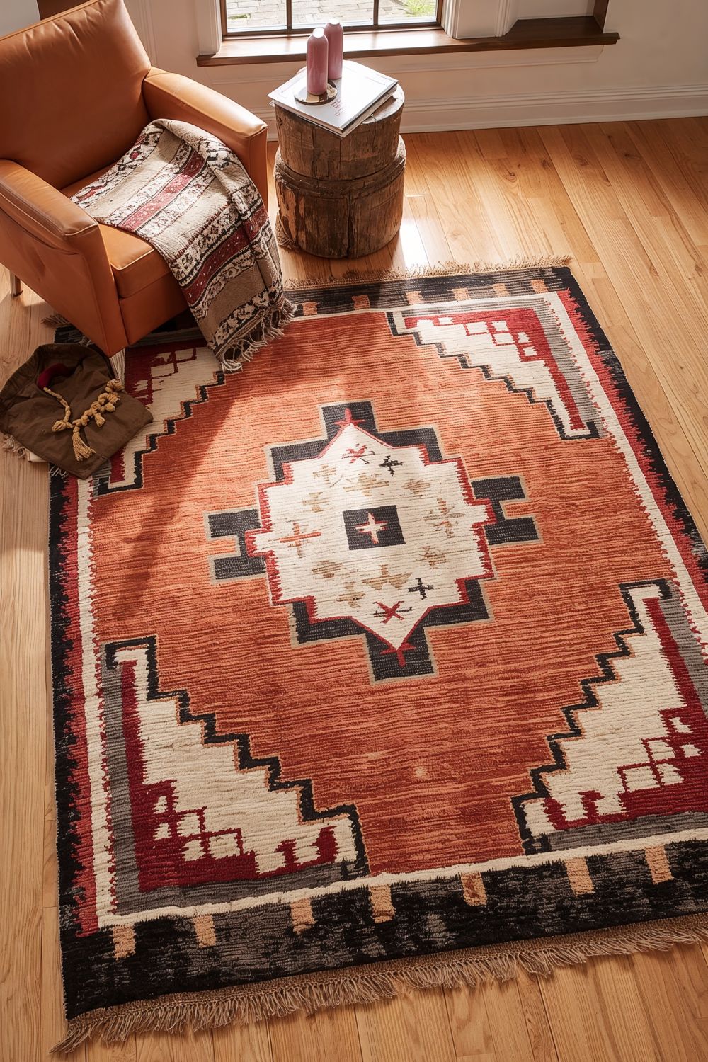 Traditional Navajo Rug With Geometric Patterns In Southwest Living Room
